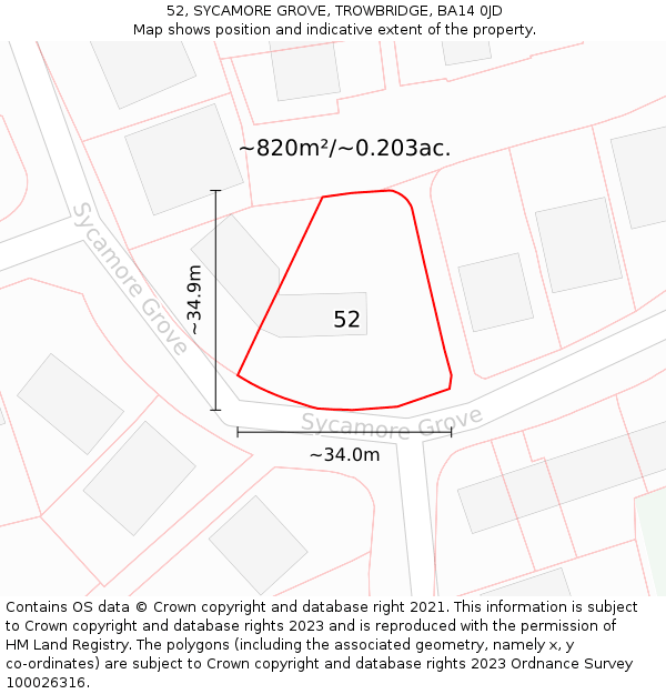 52, SYCAMORE GROVE, TROWBRIDGE, BA14 0JD: Plot and title map