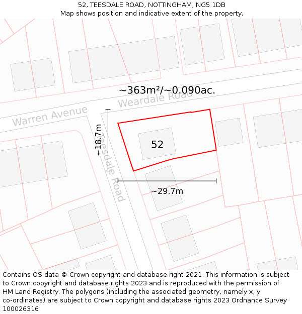 52, TEESDALE ROAD, NOTTINGHAM, NG5 1DB: Plot and title map