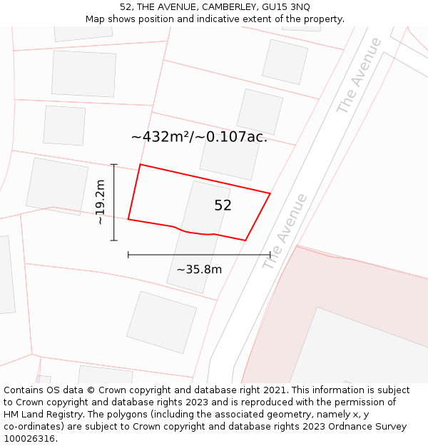 52, THE AVENUE, CAMBERLEY, GU15 3NQ: Plot and title map