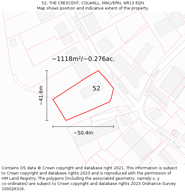 52, THE CRESCENT, COLWALL, MALVERN, WR13 6QN: Plot and title map