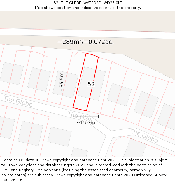 52, THE GLEBE, WATFORD, WD25 0LT: Plot and title map