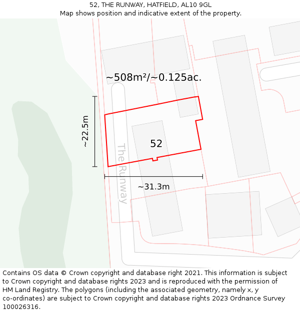 52, THE RUNWAY, HATFIELD, AL10 9GL: Plot and title map