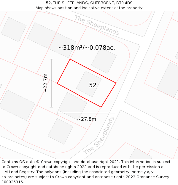 52, THE SHEEPLANDS, SHERBORNE, DT9 4BS: Plot and title map