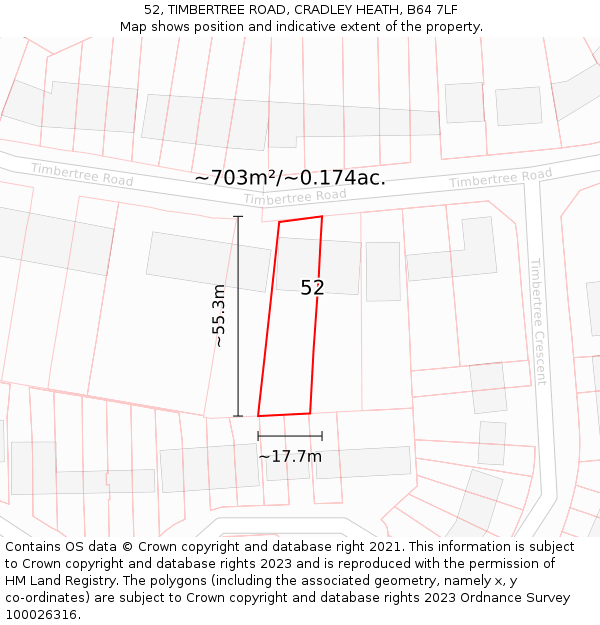 52, TIMBERTREE ROAD, CRADLEY HEATH, B64 7LF: Plot and title map