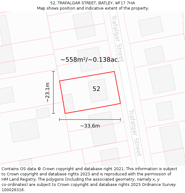 52, TRAFALGAR STREET, BATLEY, WF17 7HA: Plot and title map