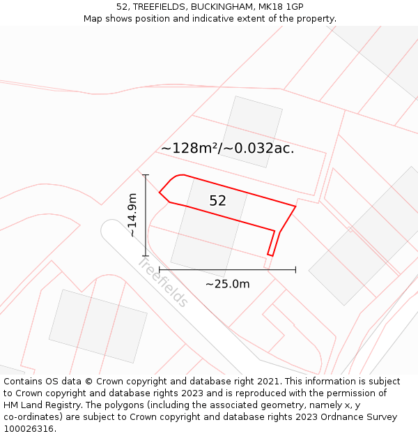 52, TREEFIELDS, BUCKINGHAM, MK18 1GP: Plot and title map