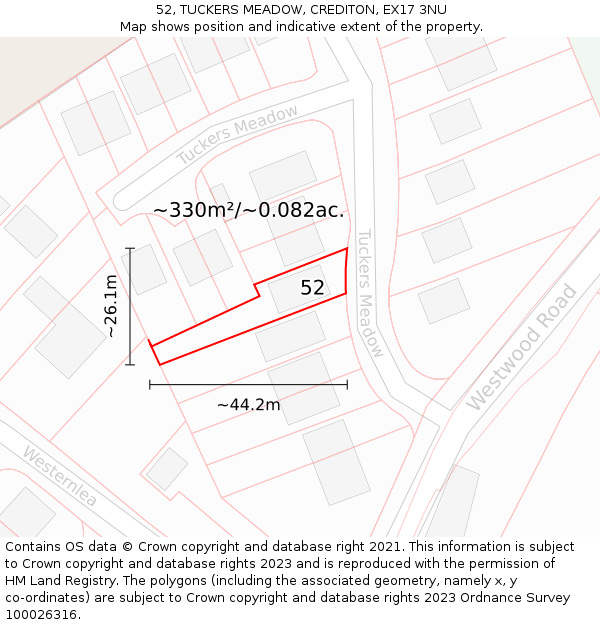52, TUCKERS MEADOW, CREDITON, EX17 3NU: Plot and title map