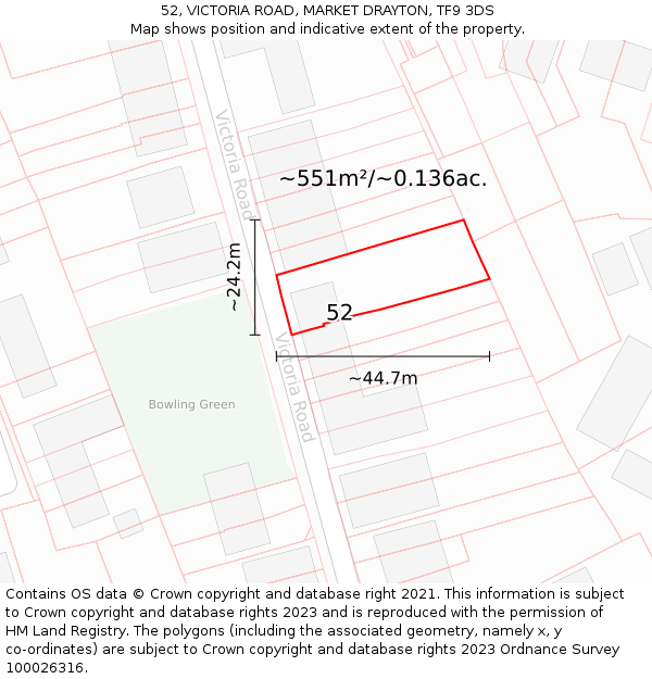 52, VICTORIA ROAD, MARKET DRAYTON, TF9 3DS: Plot and title map