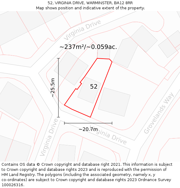 52, VIRGINIA DRIVE, WARMINSTER, BA12 8RR: Plot and title map