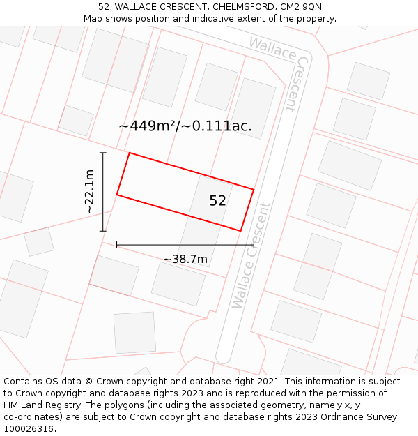 52, WALLACE CRESCENT, CHELMSFORD, CM2 9QN: Plot and title map