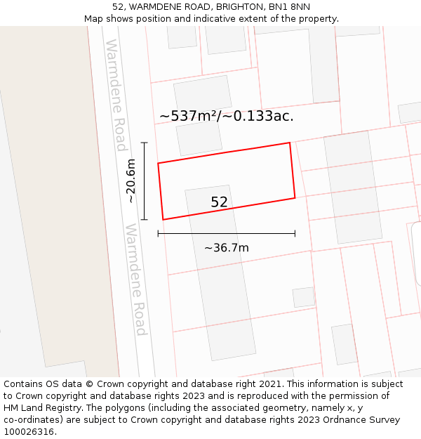 52, WARMDENE ROAD, BRIGHTON, BN1 8NN: Plot and title map