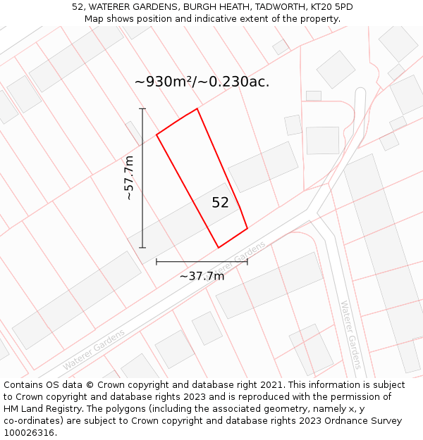 52, WATERER GARDENS, BURGH HEATH, TADWORTH, KT20 5PD: Plot and title map