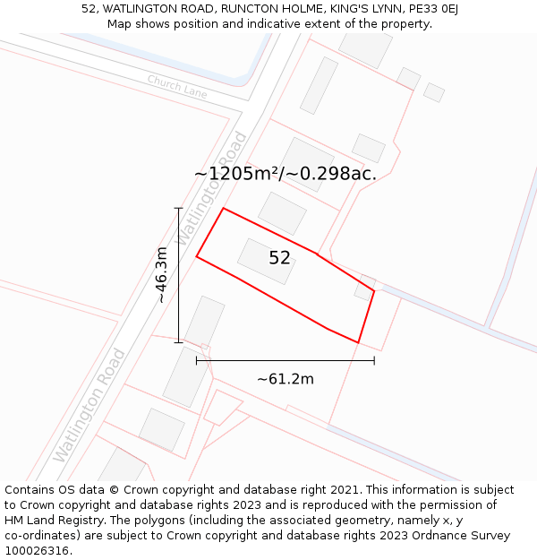 52, WATLINGTON ROAD, RUNCTON HOLME, KING'S LYNN, PE33 0EJ: Plot and title map