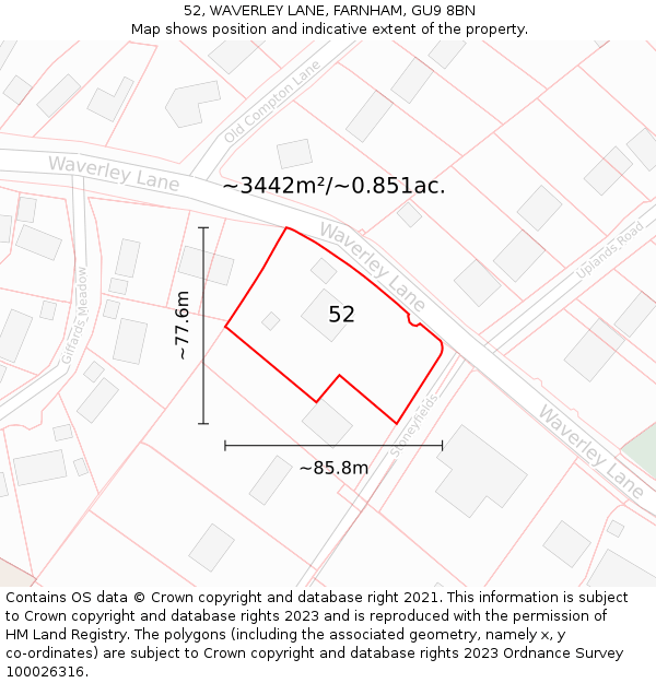 52, WAVERLEY LANE, FARNHAM, GU9 8BN: Plot and title map