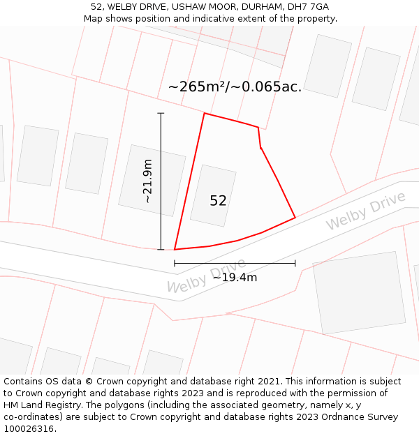 52, WELBY DRIVE, USHAW MOOR, DURHAM, DH7 7GA: Plot and title map