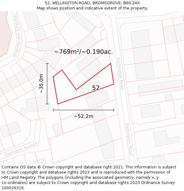 52, WELLINGTON ROAD, BROMSGROVE, B60 2AX: Plot and title map