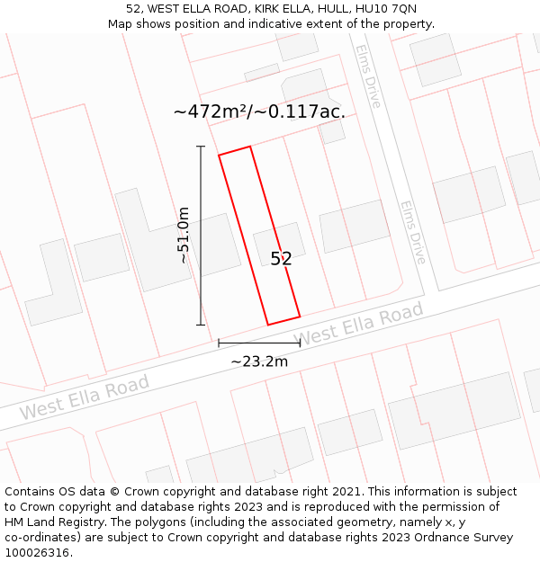 52, WEST ELLA ROAD, KIRK ELLA, HULL, HU10 7QN: Plot and title map