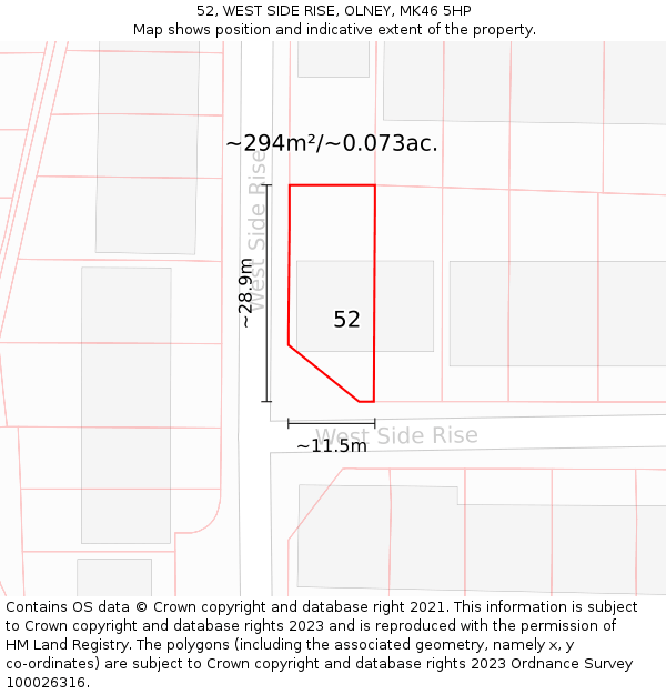 52, WEST SIDE RISE, OLNEY, MK46 5HP: Plot and title map