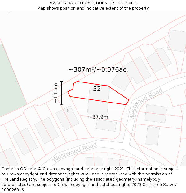 52, WESTWOOD ROAD, BURNLEY, BB12 0HR: Plot and title map