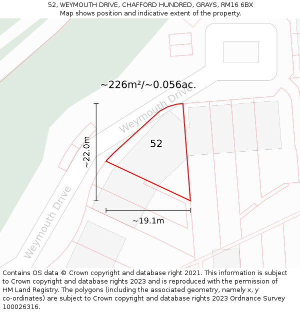 52, WEYMOUTH DRIVE, CHAFFORD HUNDRED, GRAYS, RM16 6BX: Plot and title map