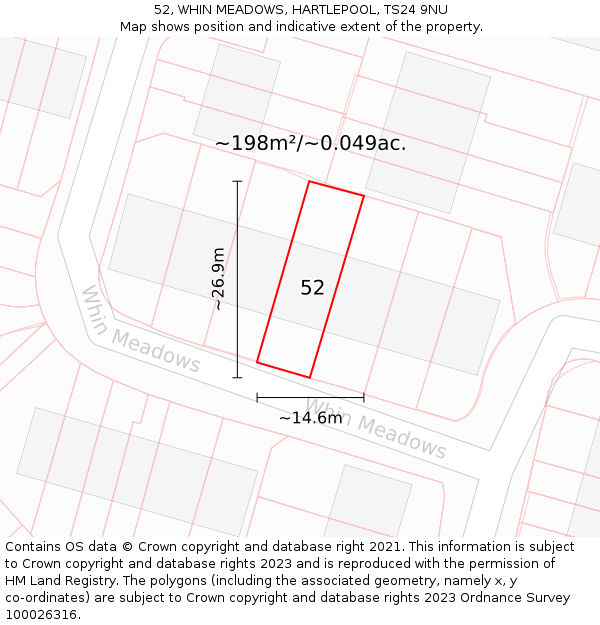 52, WHIN MEADOWS, HARTLEPOOL, TS24 9NU: Plot and title map