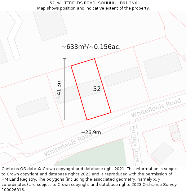 52, WHITEFIELDS ROAD, SOLIHULL, B91 3NX: Plot and title map