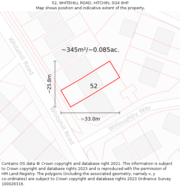 52, WHITEHILL ROAD, HITCHIN, SG4 9HP: Plot and title map