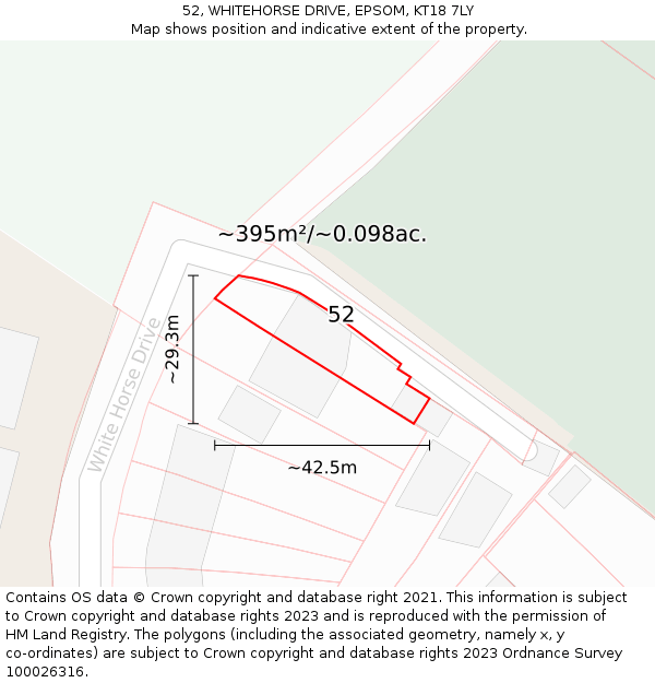 52, WHITEHORSE DRIVE, EPSOM, KT18 7LY: Plot and title map