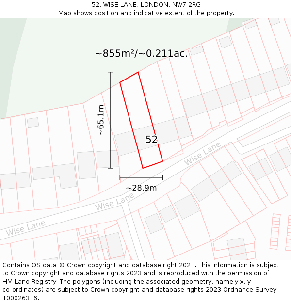 52, WISE LANE, LONDON, NW7 2RG: Plot and title map