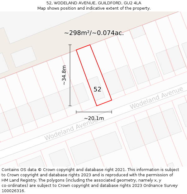 52, WODELAND AVENUE, GUILDFORD, GU2 4LA: Plot and title map