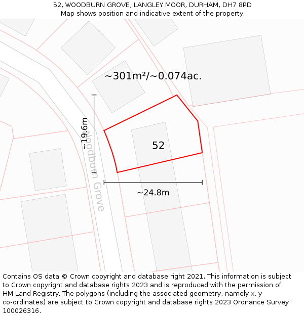 52, WOODBURN GROVE, LANGLEY MOOR, DURHAM, DH7 8PD: Plot and title map