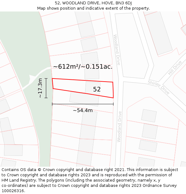 52, WOODLAND DRIVE, HOVE, BN3 6DJ: Plot and title map