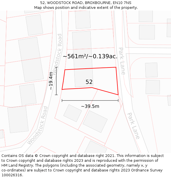 52, WOODSTOCK ROAD, BROXBOURNE, EN10 7NS: Plot and title map