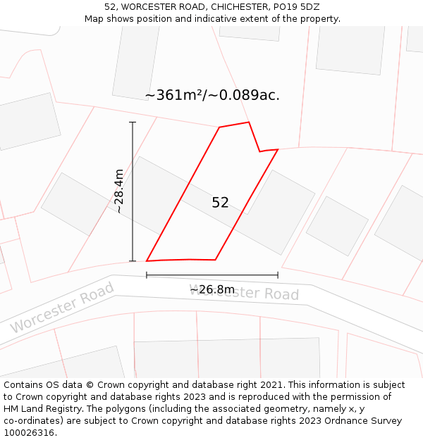 52, WORCESTER ROAD, CHICHESTER, PO19 5DZ: Plot and title map