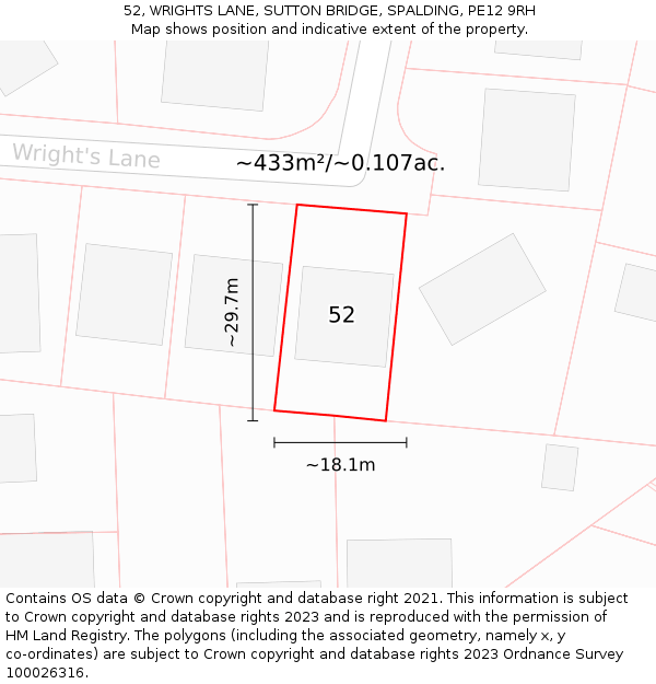 52, WRIGHTS LANE, SUTTON BRIDGE, SPALDING, PE12 9RH: Plot and title map