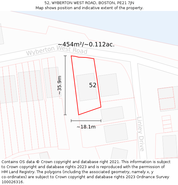 52, WYBERTON WEST ROAD, BOSTON, PE21 7JN: Plot and title map