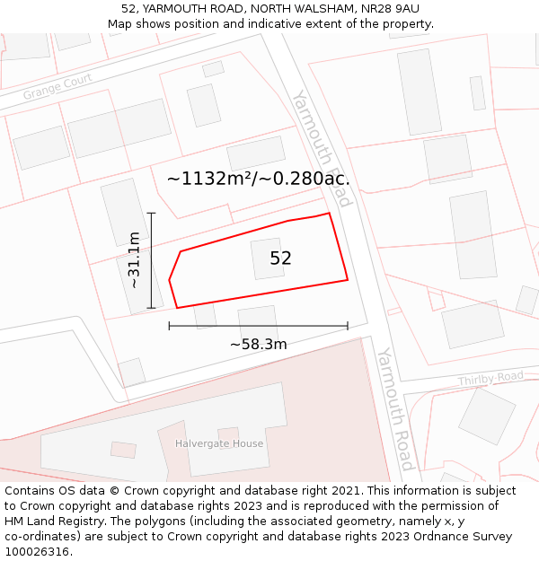 52, YARMOUTH ROAD, NORTH WALSHAM, NR28 9AU: Plot and title map