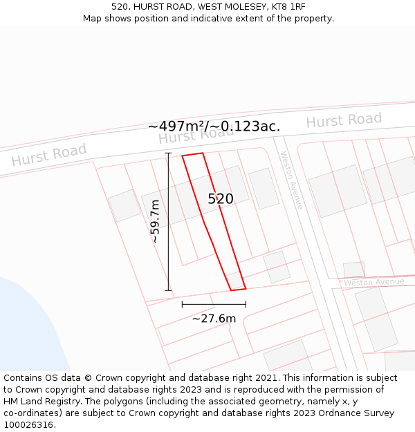 520, HURST ROAD, WEST MOLESEY, KT8 1RF: Plot and title map