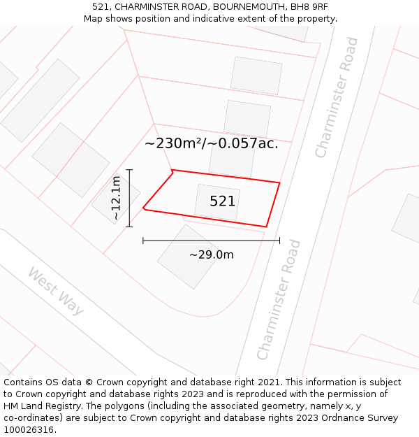 521, CHARMINSTER ROAD, BOURNEMOUTH, BH8 9RF: Plot and title map