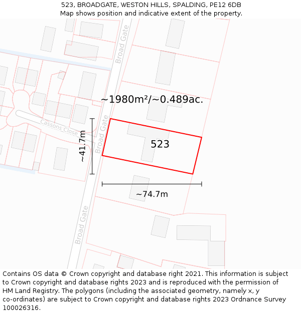 523, BROADGATE, WESTON HILLS, SPALDING, PE12 6DB: Plot and title map