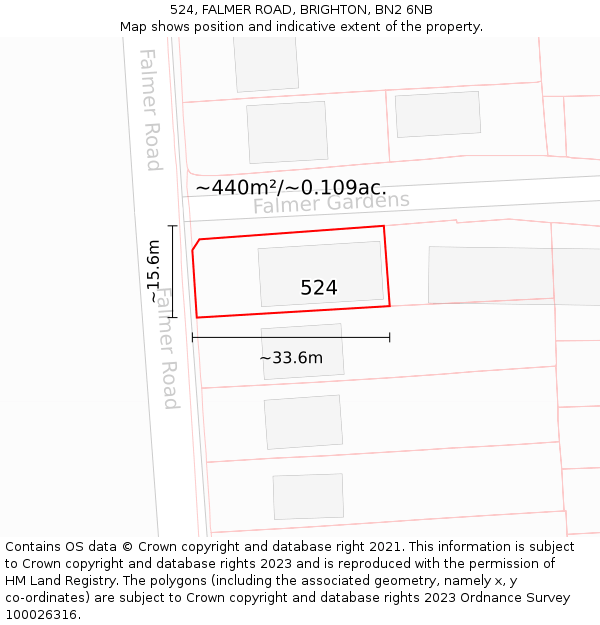 524, FALMER ROAD, BRIGHTON, BN2 6NB: Plot and title map