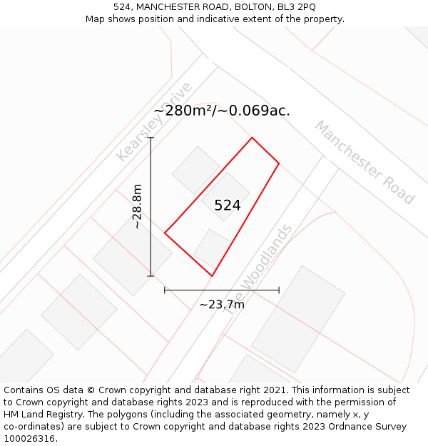 524, MANCHESTER ROAD, BOLTON, BL3 2PQ: Plot and title map