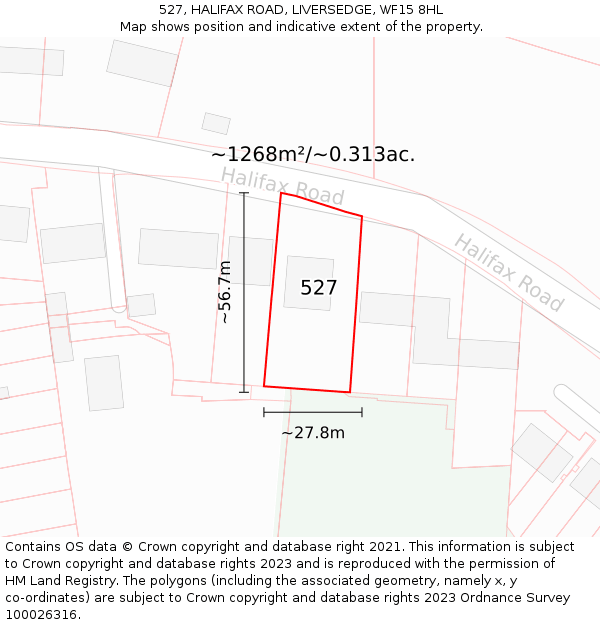 527, HALIFAX ROAD, LIVERSEDGE, WF15 8HL: Plot and title map