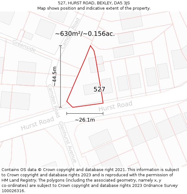 527, HURST ROAD, BEXLEY, DA5 3JS: Plot and title map