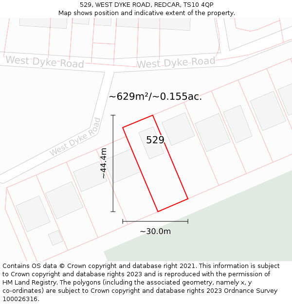 529, WEST DYKE ROAD, REDCAR, TS10 4QP: Plot and title map