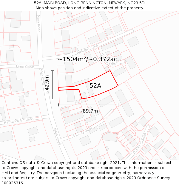 52A, MAIN ROAD, LONG BENNINGTON, NEWARK, NG23 5DJ: Plot and title map