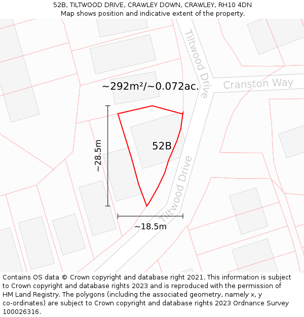 52B, TILTWOOD DRIVE, CRAWLEY DOWN, CRAWLEY, RH10 4DN: Plot and title map