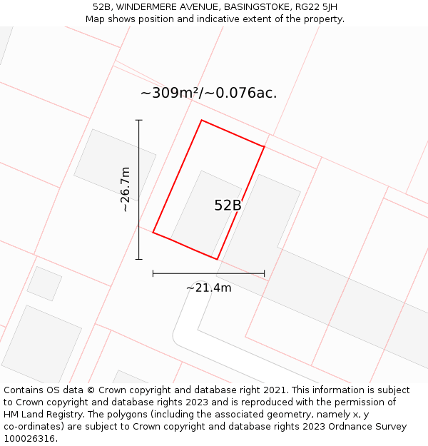 52B, WINDERMERE AVENUE, BASINGSTOKE, RG22 5JH: Plot and title map