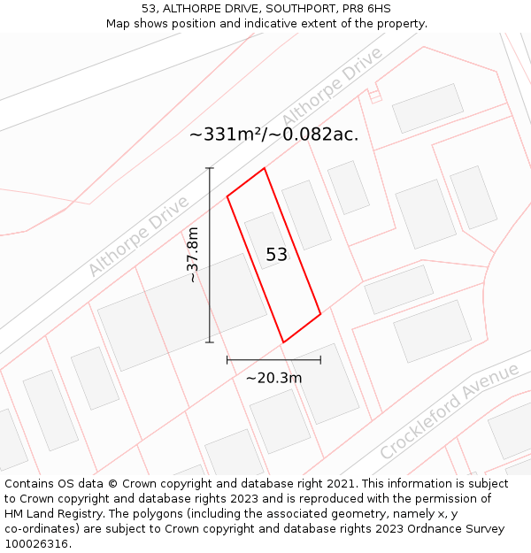 53, ALTHORPE DRIVE, SOUTHPORT, PR8 6HS: Plot and title map