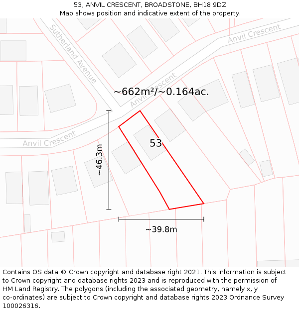 53, ANVIL CRESCENT, BROADSTONE, BH18 9DZ: Plot and title map